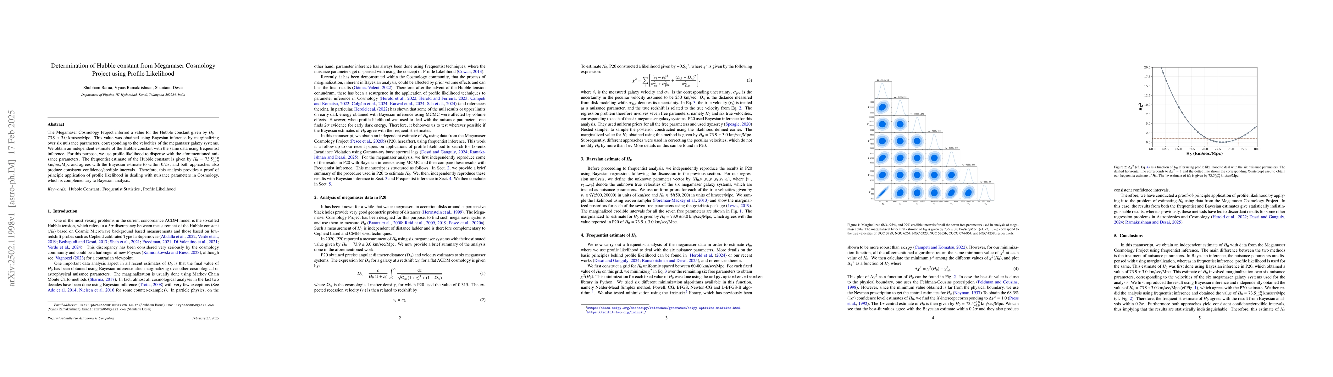 Thumbnail for Determination of Hubble constant from Megamaser Cosmology Project using
  Profile Likelihood