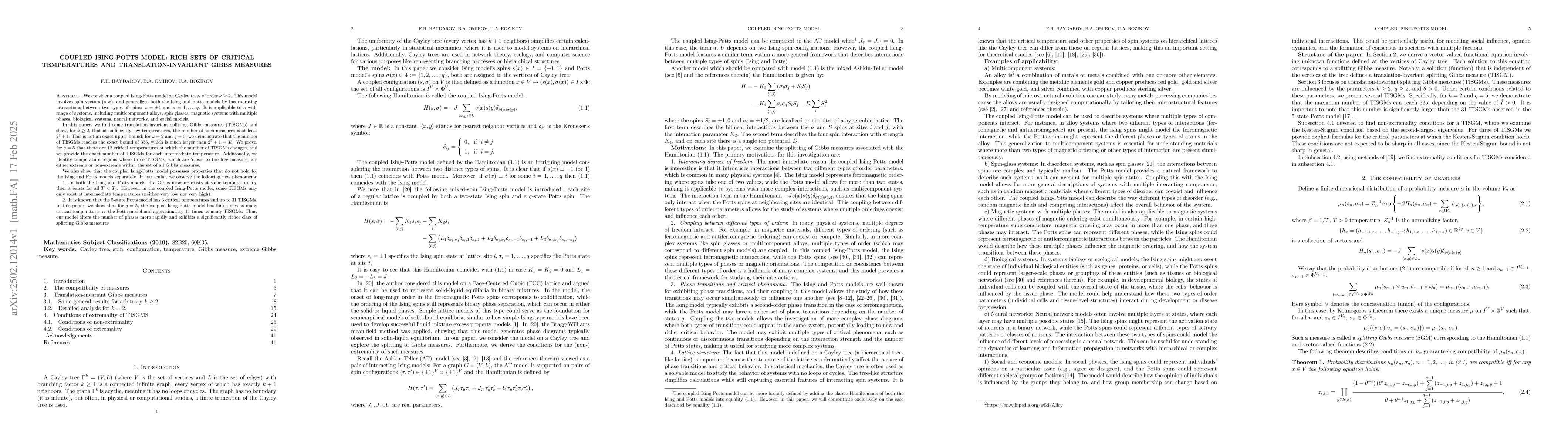 Thumbnail for Coupled Ising-Potts Model: Rich Sets of Critical Temperatures and
  Translation-Invariant Gibbs Measures