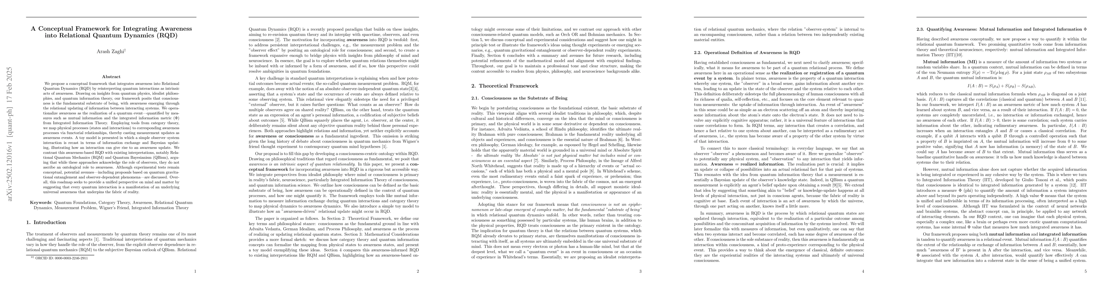 Thumbnail for A Conceptual Framework for Integrating Awareness into Relational Quantum
  Dynamics (RQD)
