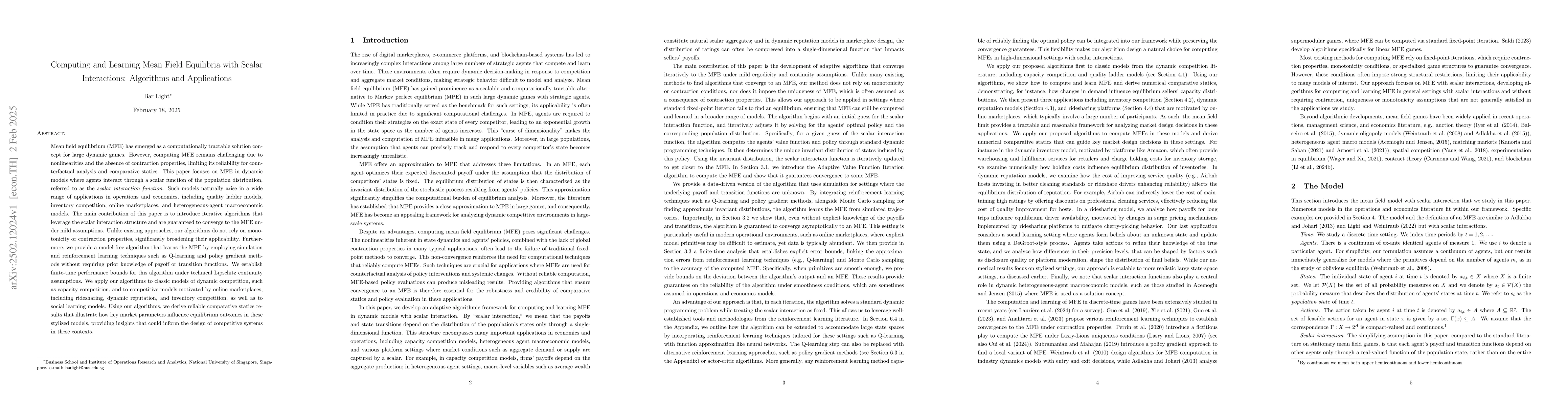 Thumbnail for Computing and Learning Mean Field Equilibria with Scalar Interactions:
  Algorithms and Applications
