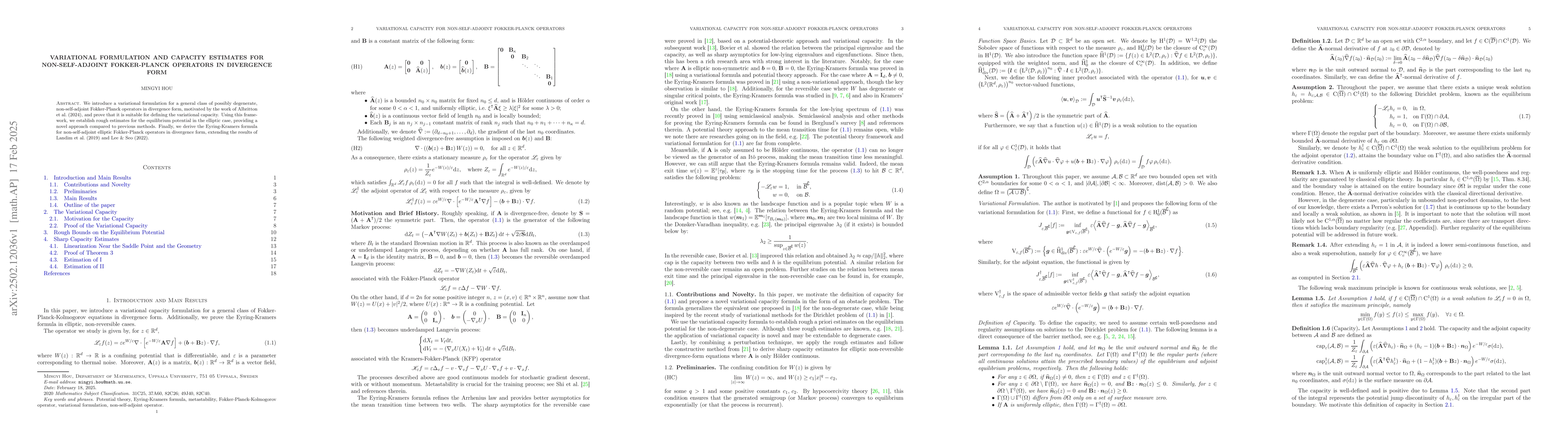 Thumbnail for Variational Formulation and Capacity Estimates for Non-Self-Adjoint
  Fokker-Planck Operators in Divergence Form