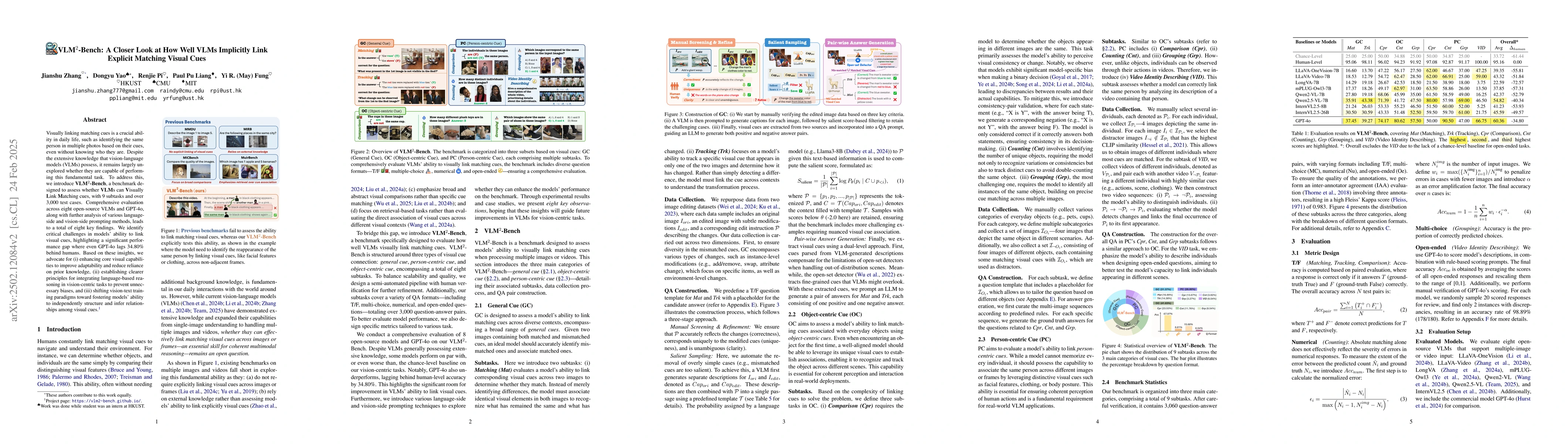 Thumbnail for VLM$^2$-Bench: A Closer Look at How Well VLMs Implicitly Link Explicit
  Matching Visual Cues
