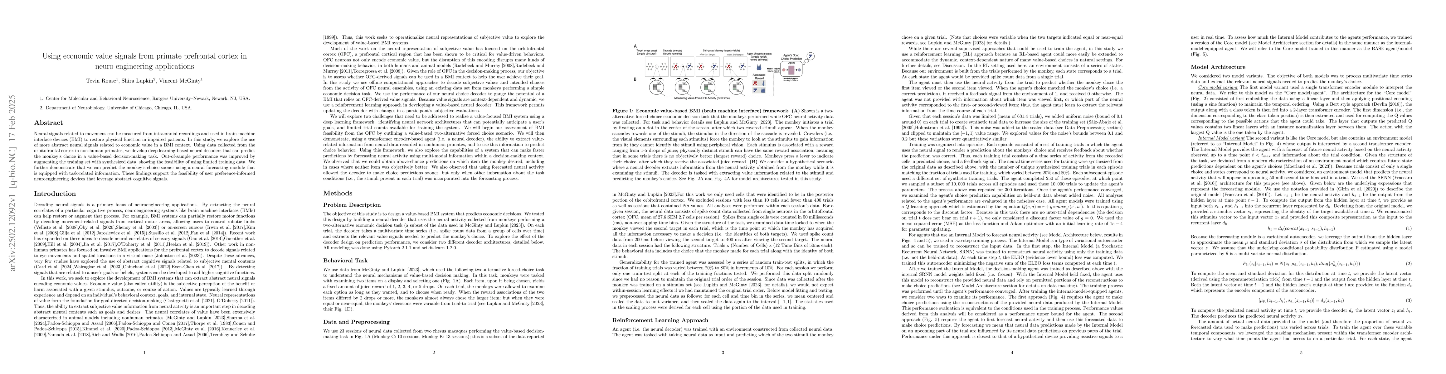 Thumbnail for Using economic value signals from primate prefrontal cortex in
  neuro-engineering applications