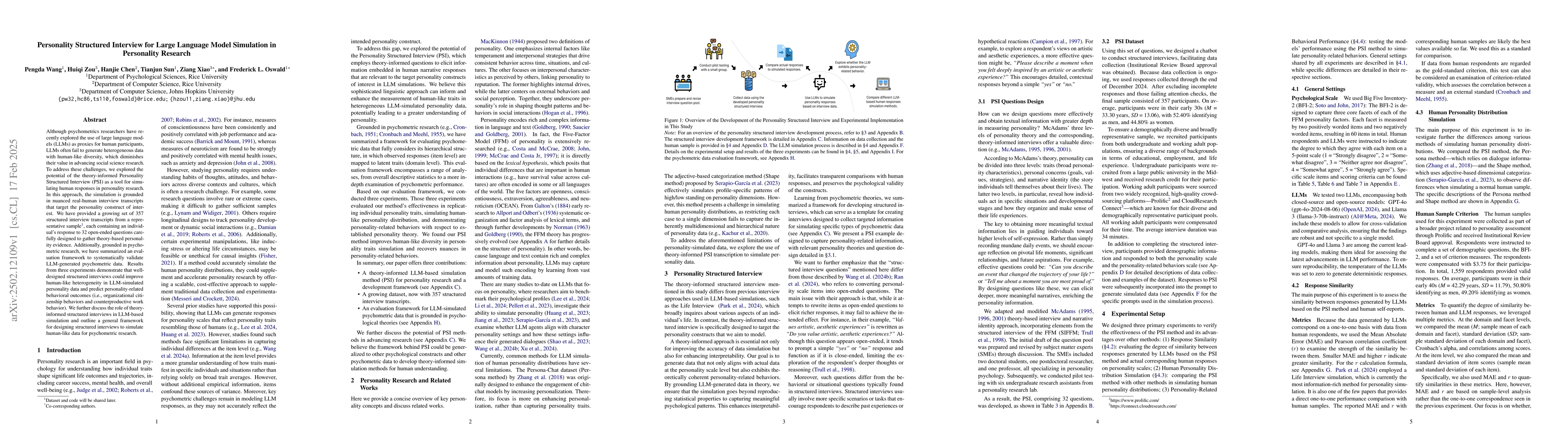 Thumbnail for Personality Structured Interview for Large Language Model Simulation in
  Personality Research