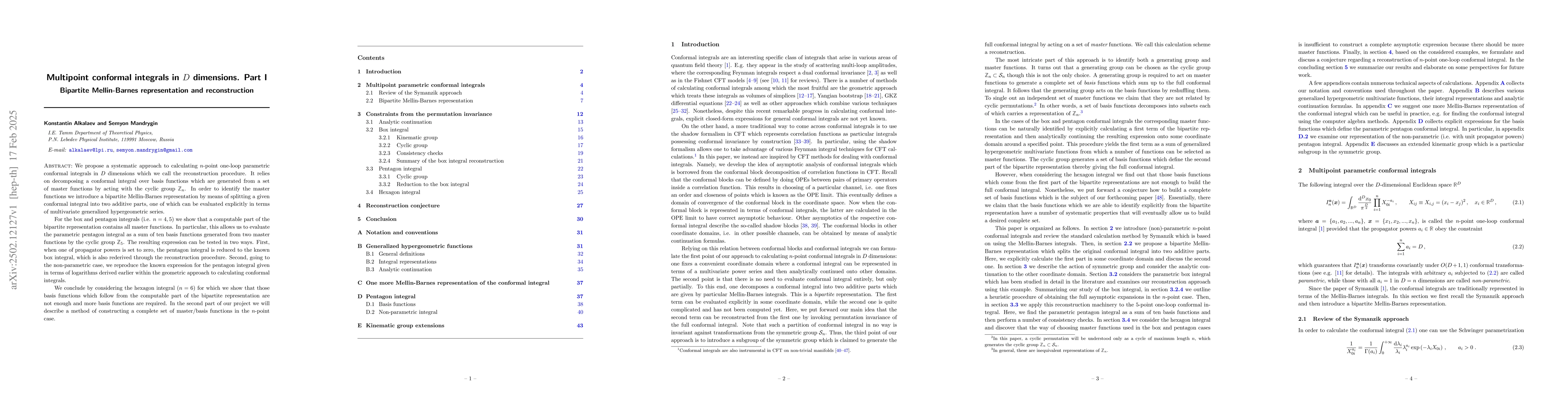 Thumbnail for Multipoint conformal integrals in $D$ dimensions. Part I: Bipartite
  Mellin-Barnes representation and reconstruction