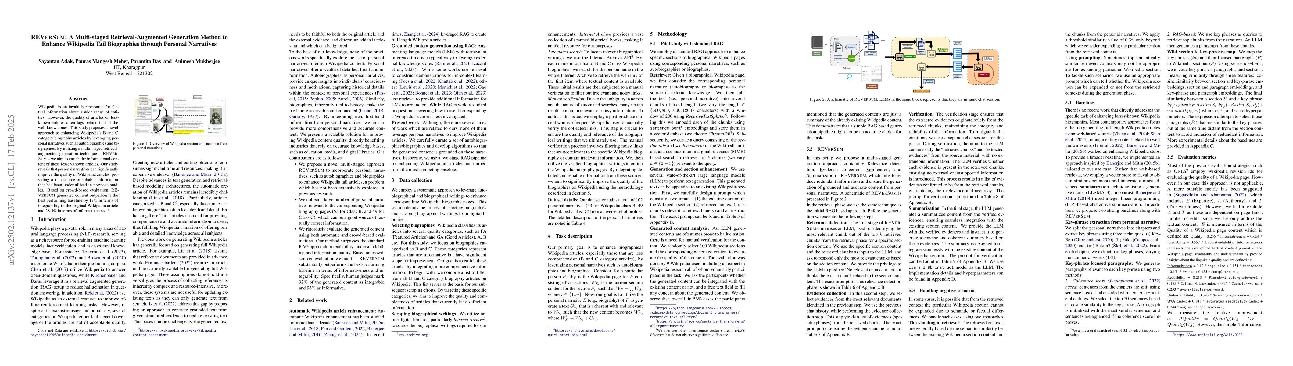 Thumbnail for REVERSUM: A Multi-staged Retrieval-Augmented Generation Method to
  Enhance Wikipedia Tail Biographies through Personal Narratives