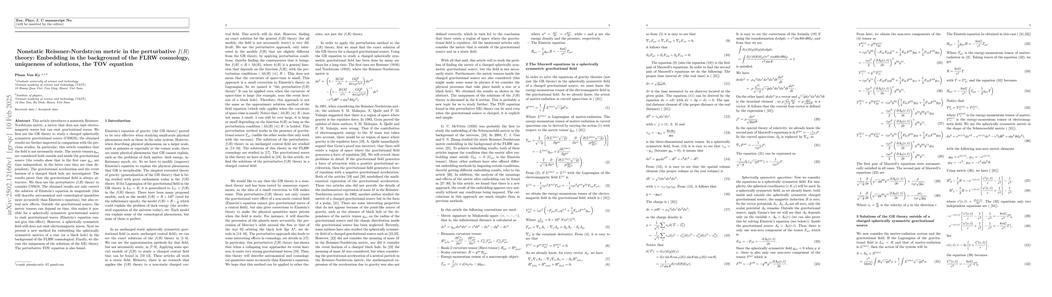 Thumbnail for Nonstatic Reissner-Nordstr$φ$m metric in the perturbative $f(R)$
  theory: Embedding in the background of the FLRW cosmology, uniqueness of
  solutions, the TOV equation