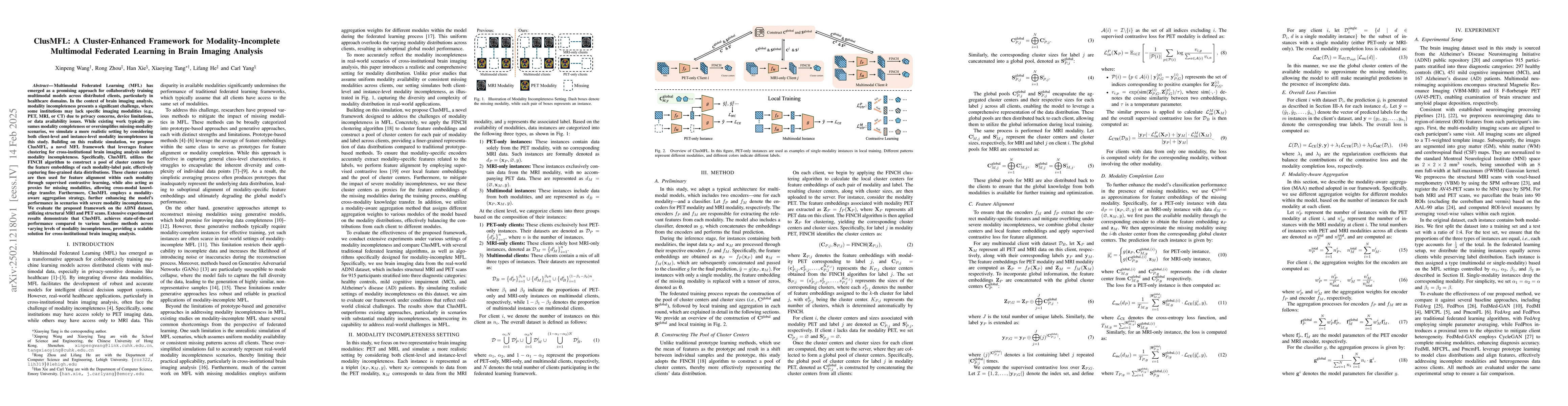 Thumbnail for ClusMFL: A Cluster-Enhanced Framework for Modality-Incomplete Multimodal
  Federated Learning in Brain Imaging Analysis