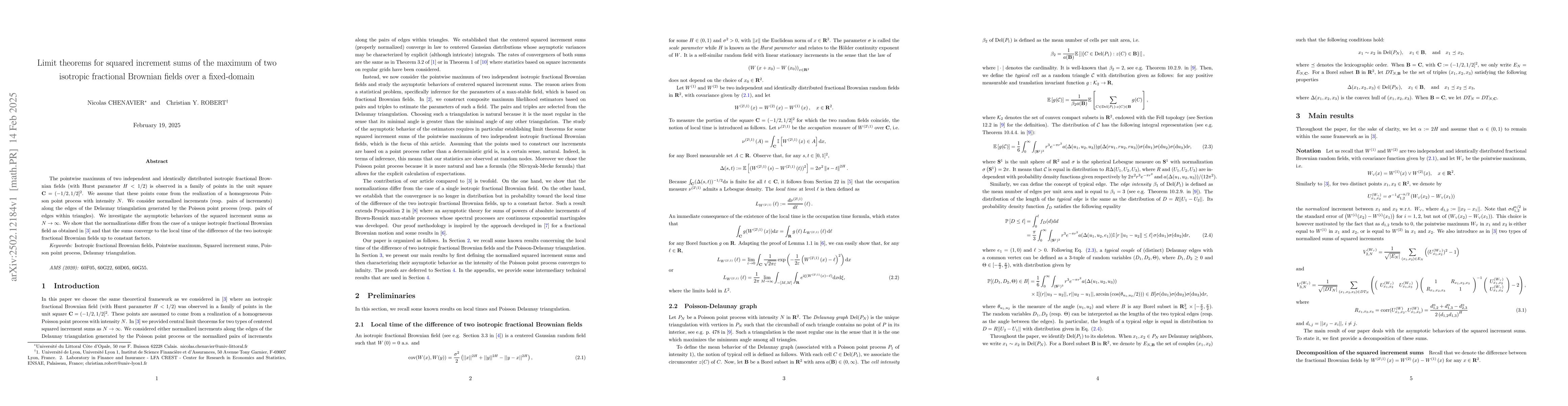 Thumbnail for Limit theorems for squared increment sums of the maximum of two
  isotropic fractional Brownian fields over a fixed-domain