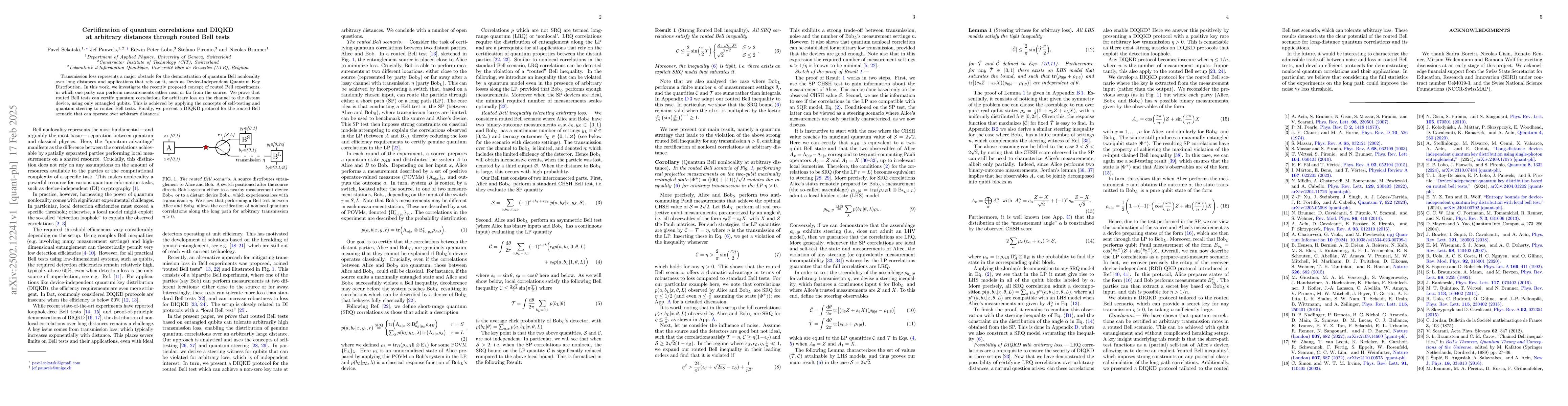 Thumbnail for Certification of quantum correlations and DIQKD at arbitrary distances
  through routed Bell tests