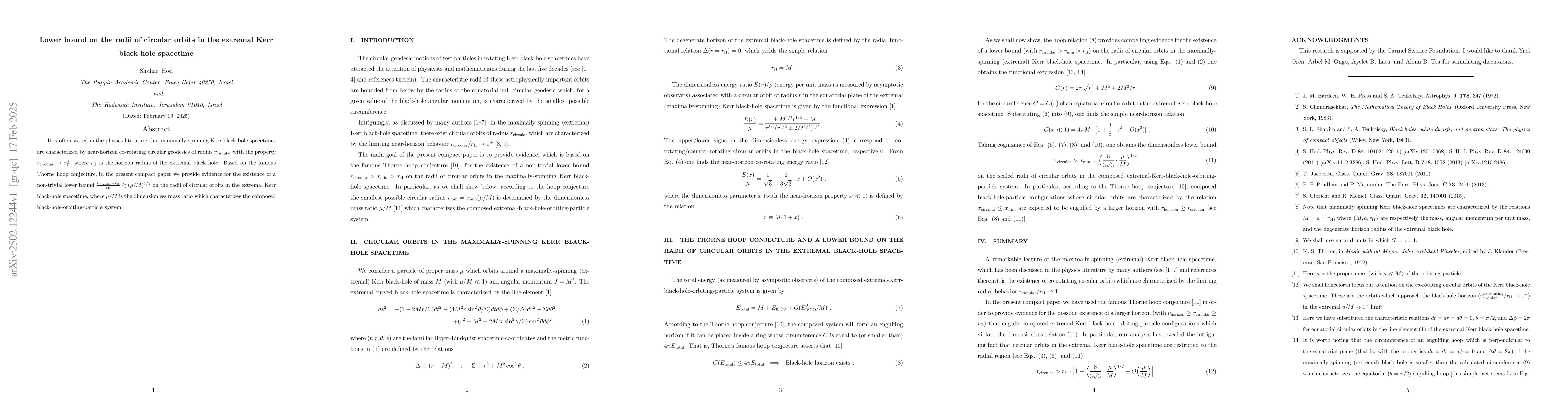 Thumbnail for Lower bound on the radii of circular orbits in the extremal Kerr
  black-hole spacetime
