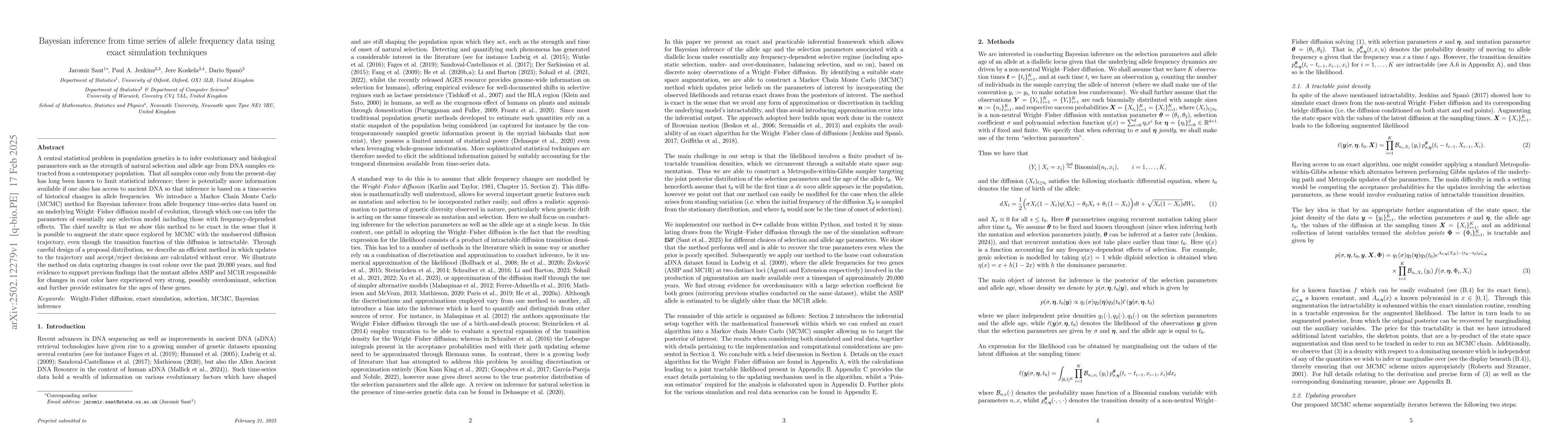 Thumbnail for Bayesian inference from time series of allele frequency data using exact
  simulation techniques