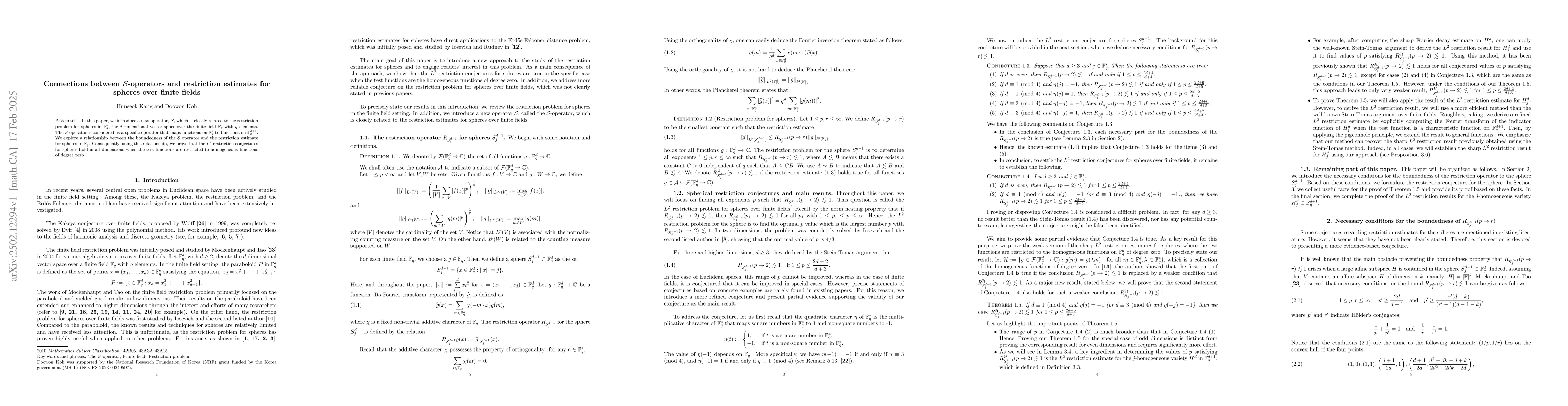 Thumbnail for Connections between $\mathcal{S}$-operators and restriction estimates
  for spheres over finite fields