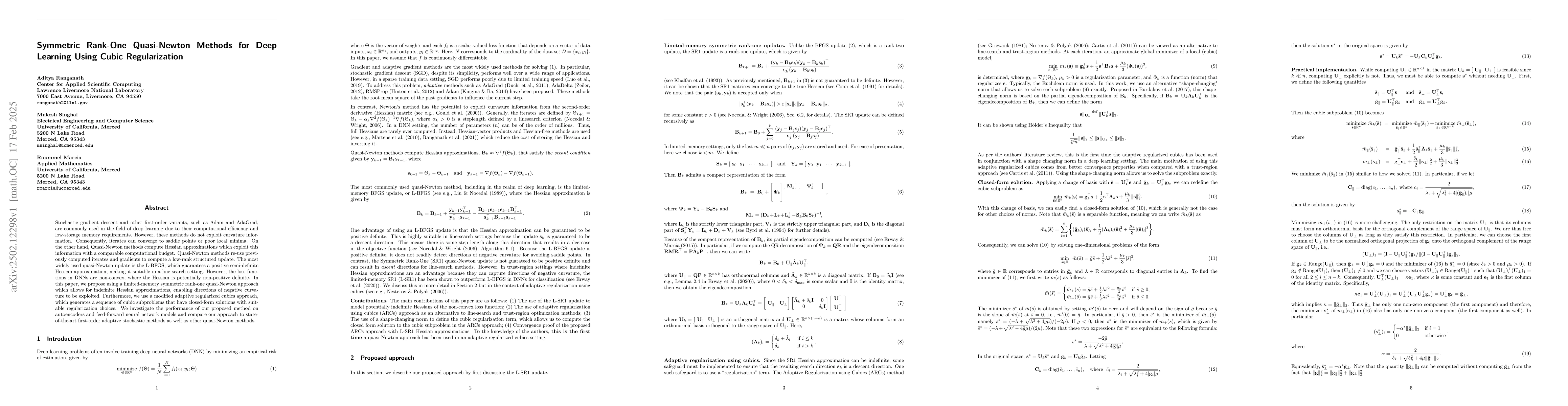 Thumbnail for Symmetric Rank-One Quasi-Newton Methods for Deep Learning Using Cubic
  Regularization