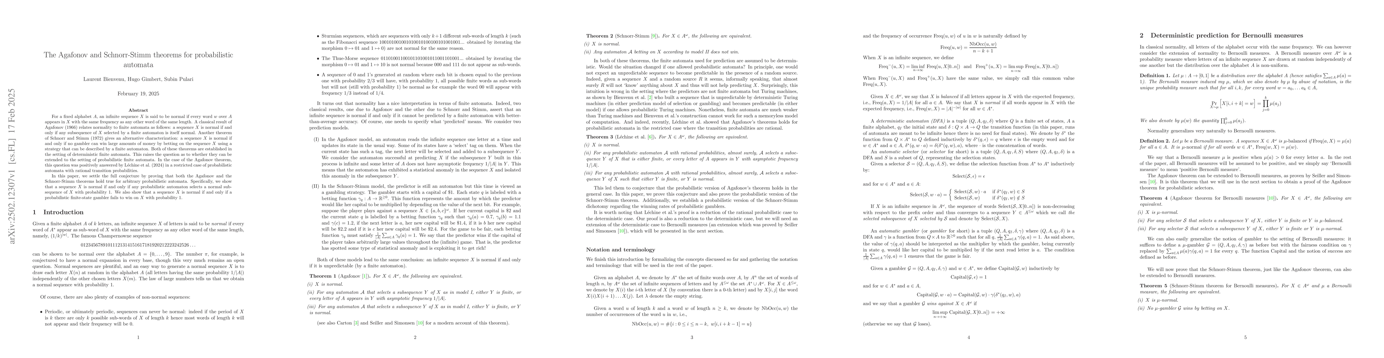 Thumbnail for The Agafonov and Schnorr-Stimm theorems for probabilistic automata