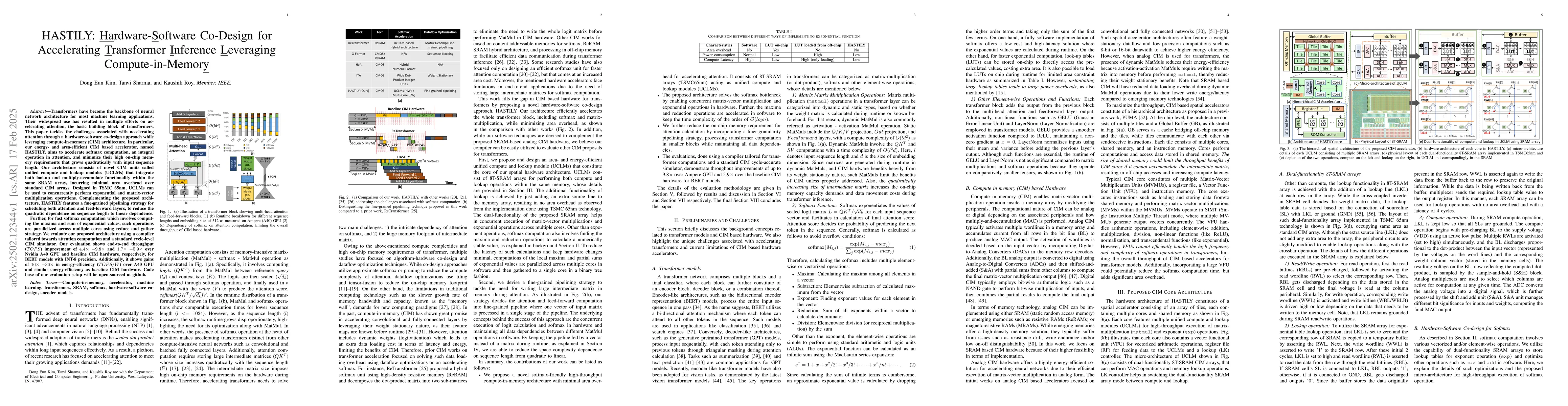 Thumbnail for Hardware-Software Co-Design for Accelerating Transformer Inference
  Leveraging Compute-in-Memory
