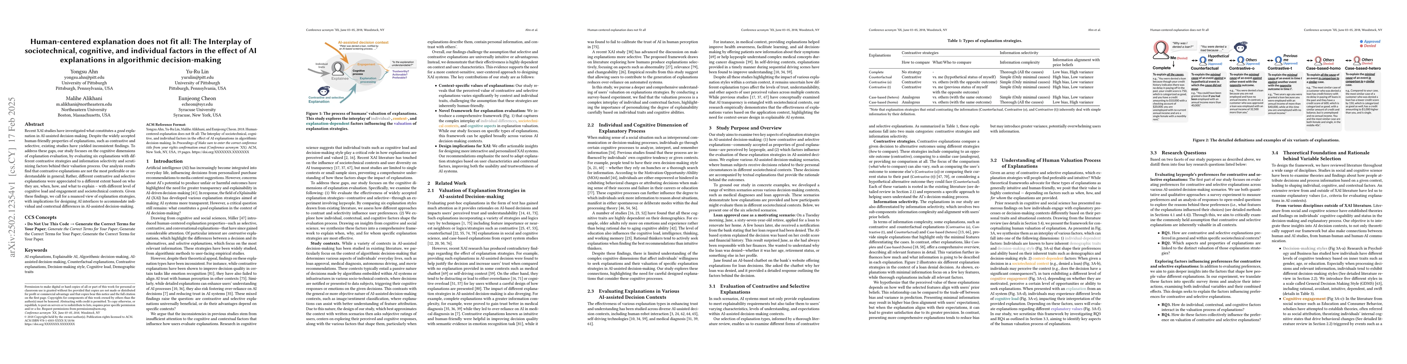 Thumbnail for Human-centered explanation does not fit all: The interplay of
  sociotechnical, cognitive, and individual factors in the effect AI
  explanations in algorithmic decision-making