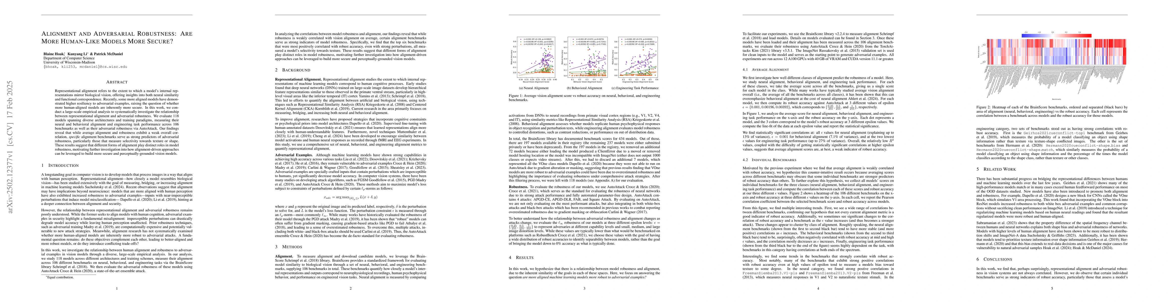 Thumbnail for Alignment and Adversarial Robustness: Are More Human-Like Models More
  Secure?
