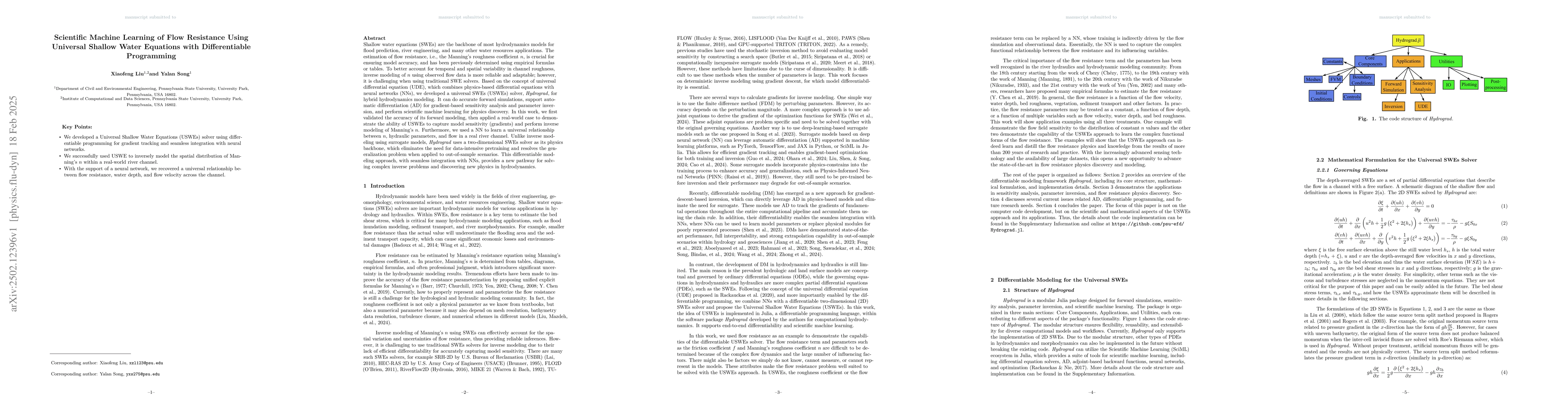 Thumbnail for Scientific Machine Learning of Flow Resistance Using Universal Shallow
  Water Equations with Differentiable Programming