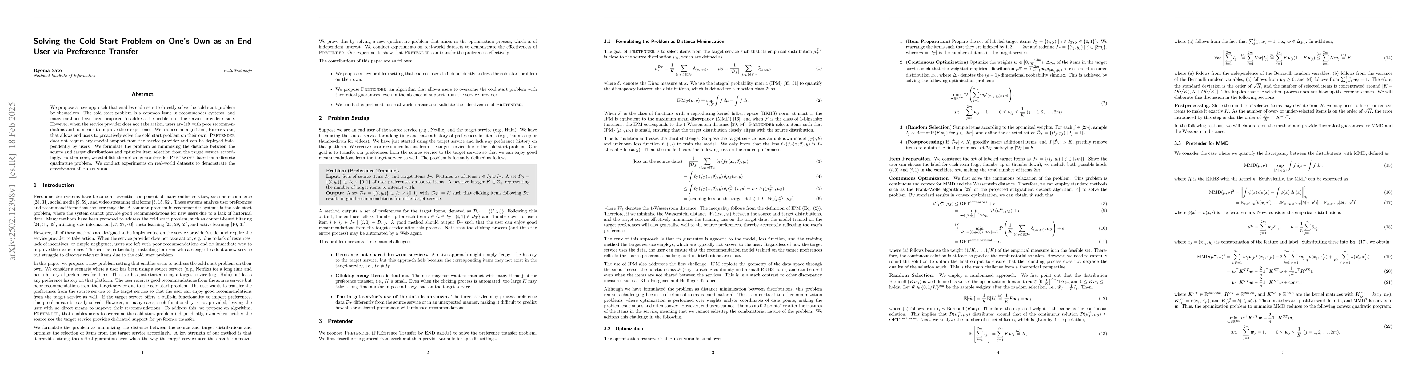 Thumbnail for Solving the Cold Start Problem on One's Own as an End User via
  Preference Transfer
