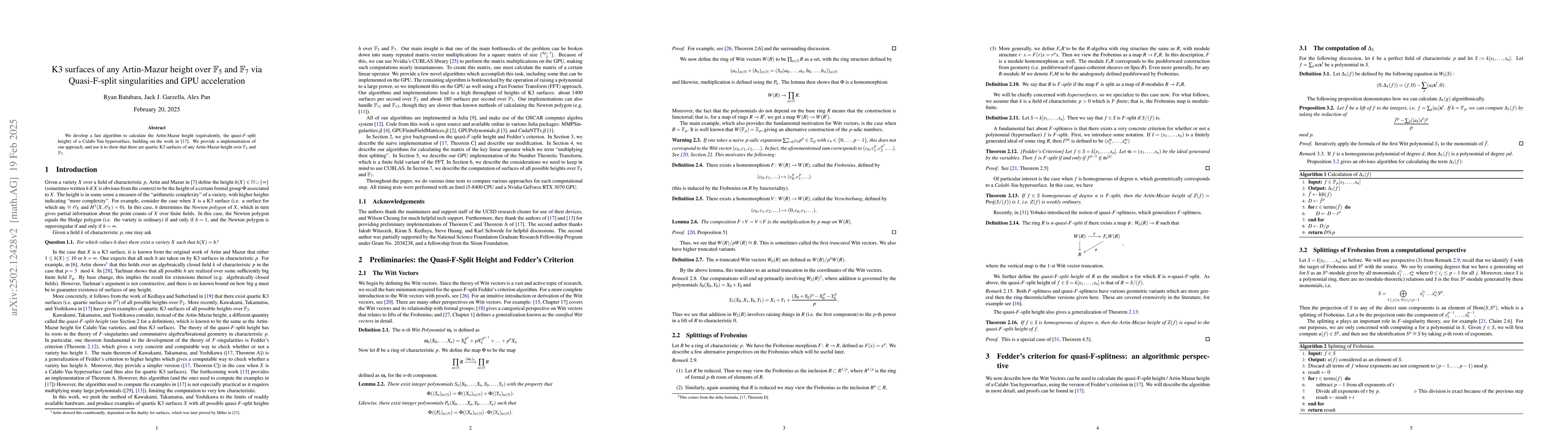 Thumbnail for K3 surfaces of any Artin-Mazur height over $\mathbb{F}_5$ and
  $\mathbb{F}_7$ via Quasi-F-split singularities and GPU acceleration
