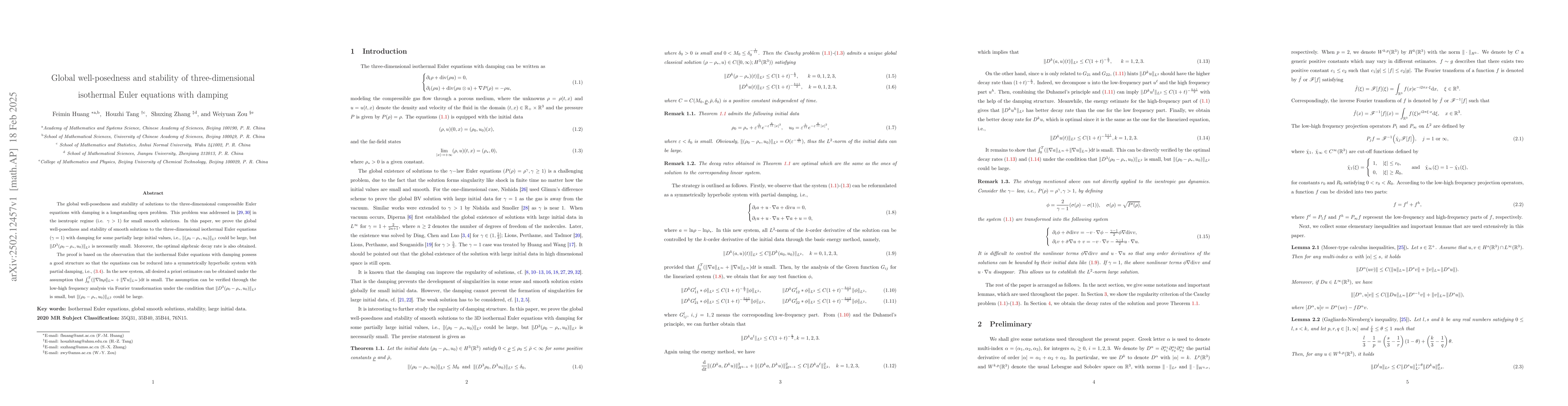 Thumbnail for Global well-posedness and stability of three-dimensional isothermal
  Euler equations with damping