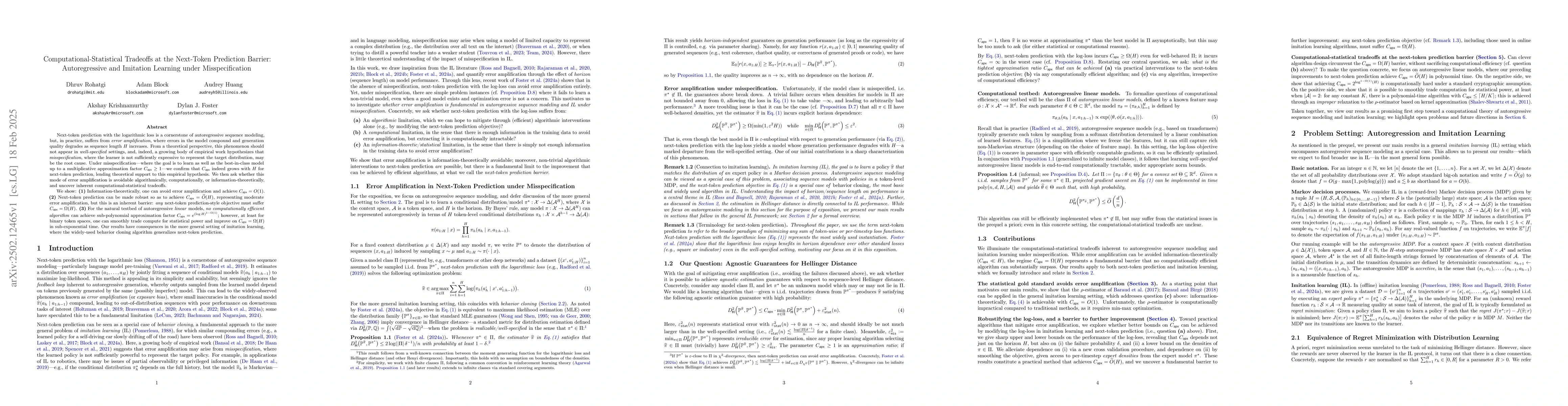 Thumbnail for Computational-Statistical Tradeoffs at the Next-Token Prediction
  Barrier: Autoregressive and Imitation Learning under Misspecification