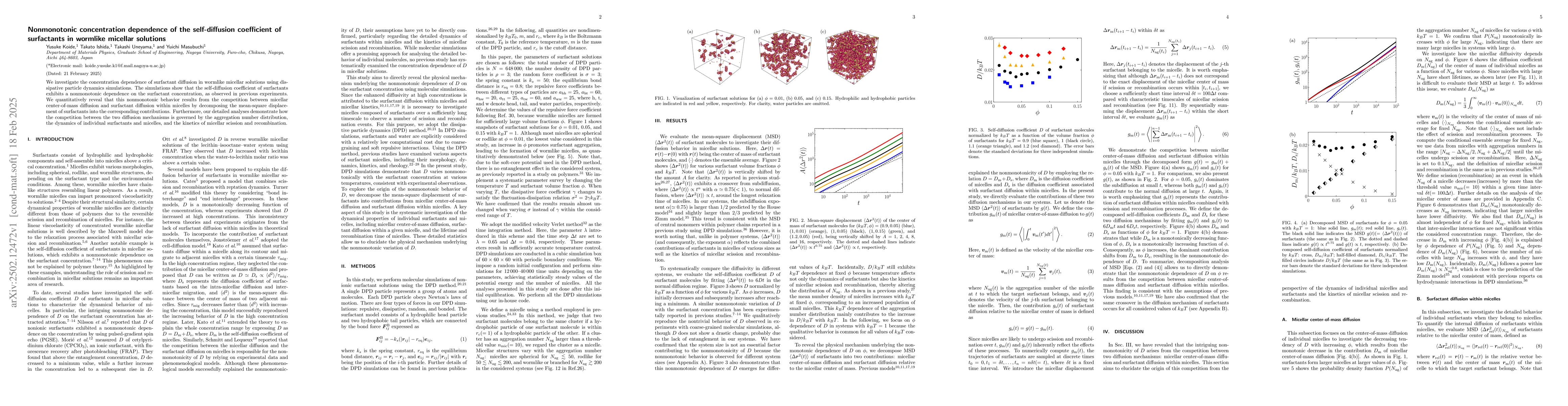 Thumbnail for Nonmonotonic concentration dependence of the self-diffusion coefficient
  of surfactants in wormlike micellar solutions