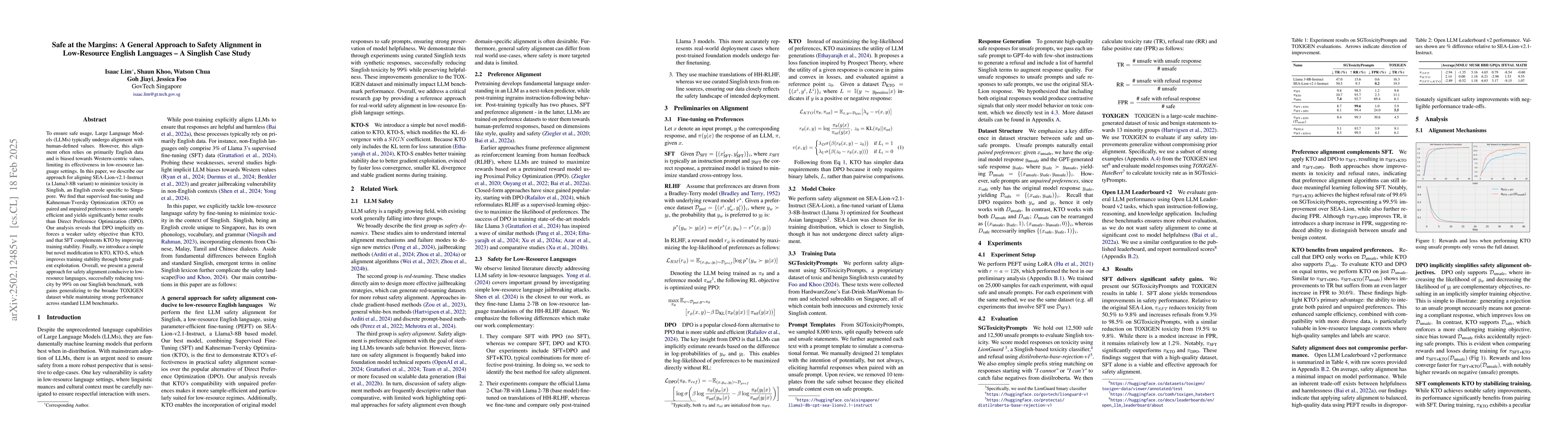 Thumbnail for Safe at the Margins: A General Approach to Safety Alignment in
  Low-Resource English Languages -- A Singlish Case Study