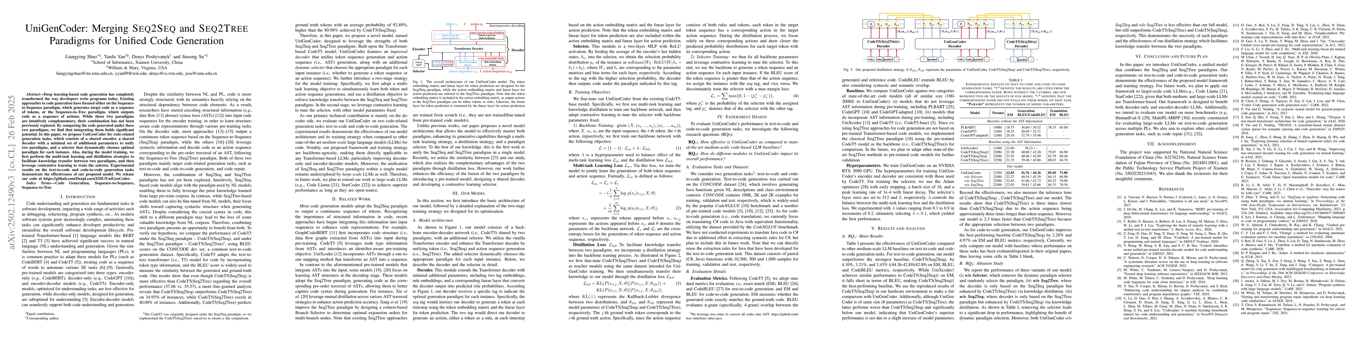 Thumbnail for UniGenCoder: Merging Seq2Seq and Seq2Tree Paradigms for Unified Code
  Generation