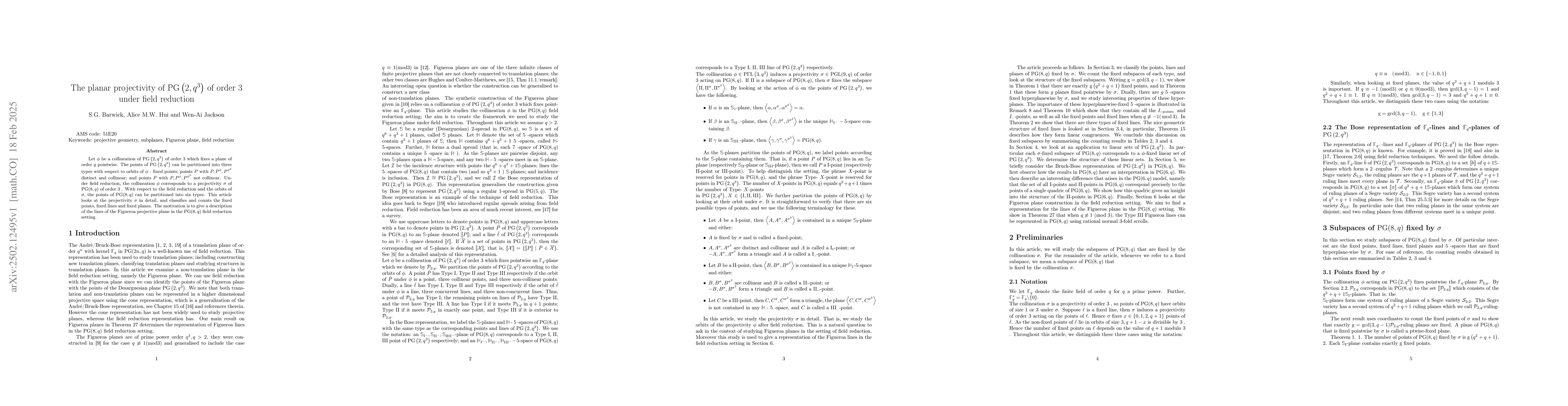Thumbnail for The planar projectivity of PG(2, $q^3$) of order 3 under field reduction