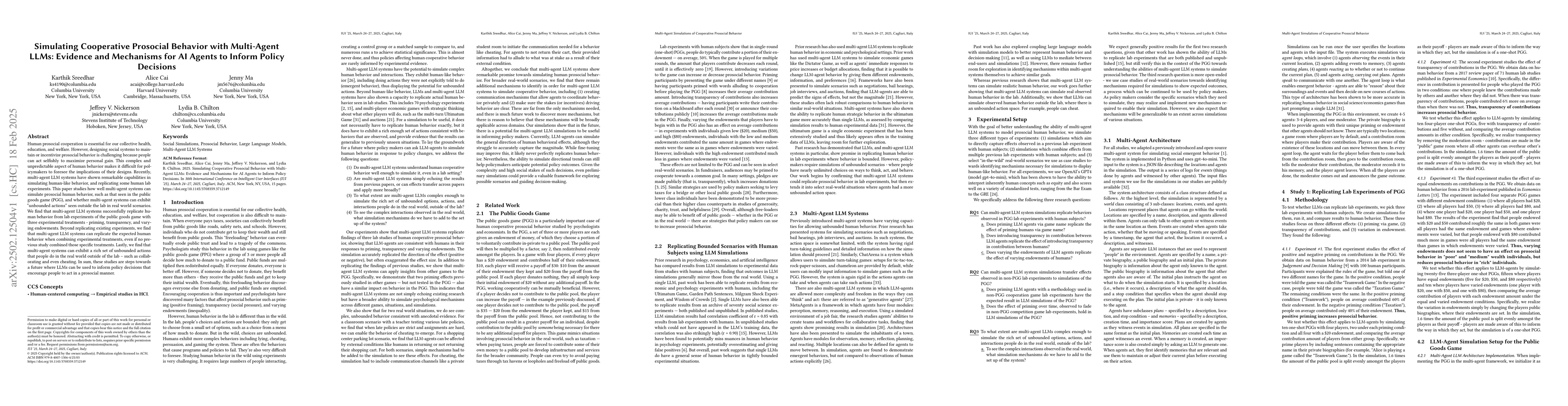 Thumbnail for Simulating Cooperative Prosocial Behavior with Multi-Agent LLMs:
  Evidence and Mechanisms for AI Agents to Inform Policy Decisions