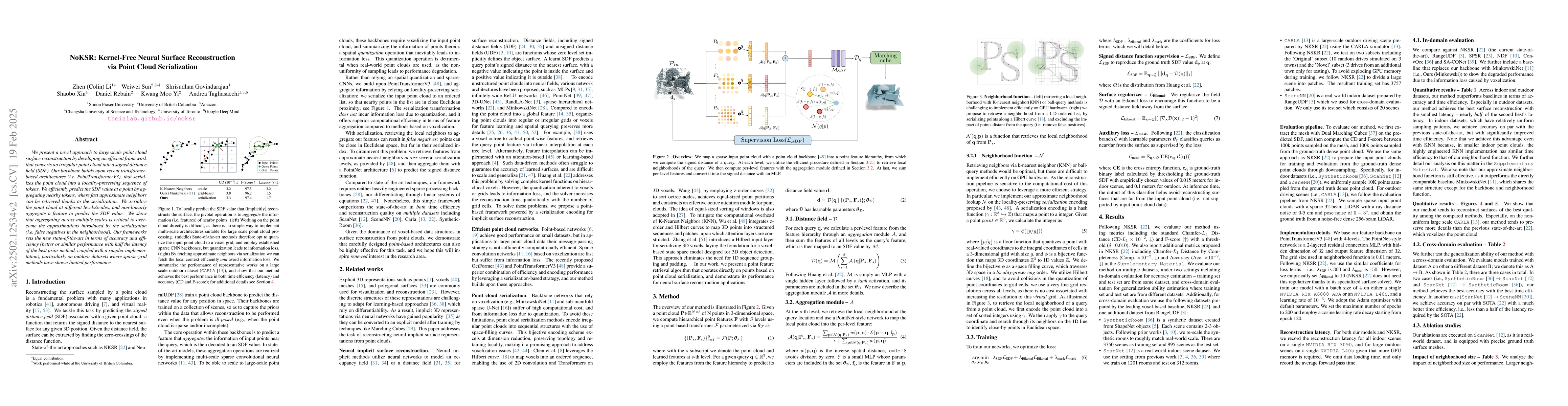 Thumbnail for NoKSR: Kernel-Free Neural Surface Reconstruction via Point Cloud
  Serialization