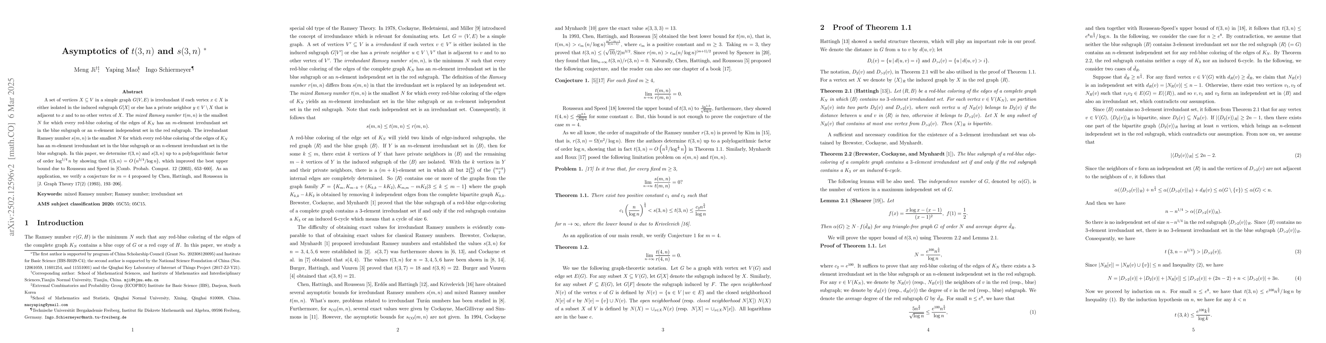 Thumbnail for Asymptotics of mixed Ramsey numbers t(3,n)