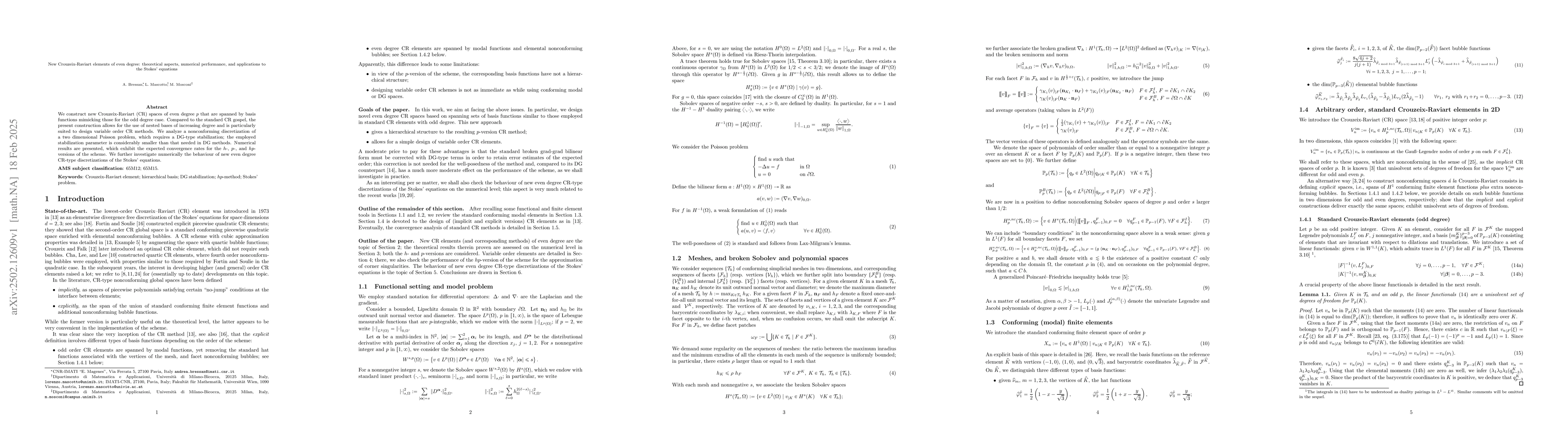 Thumbnail for New Crouzeix-Raviart elements of even degree: theoretical aspects,
  numerical performance, and applications to the Stokes' equations