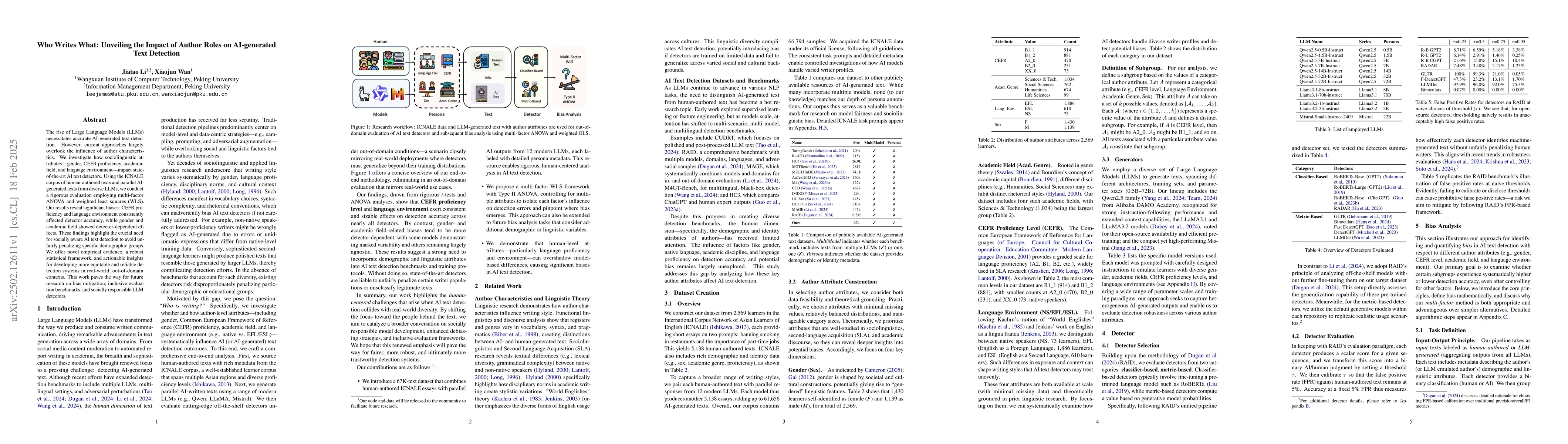 Thumbnail for Who Writes What: Unveiling the Impact of Author Roles on AI-generated
  Text Detection