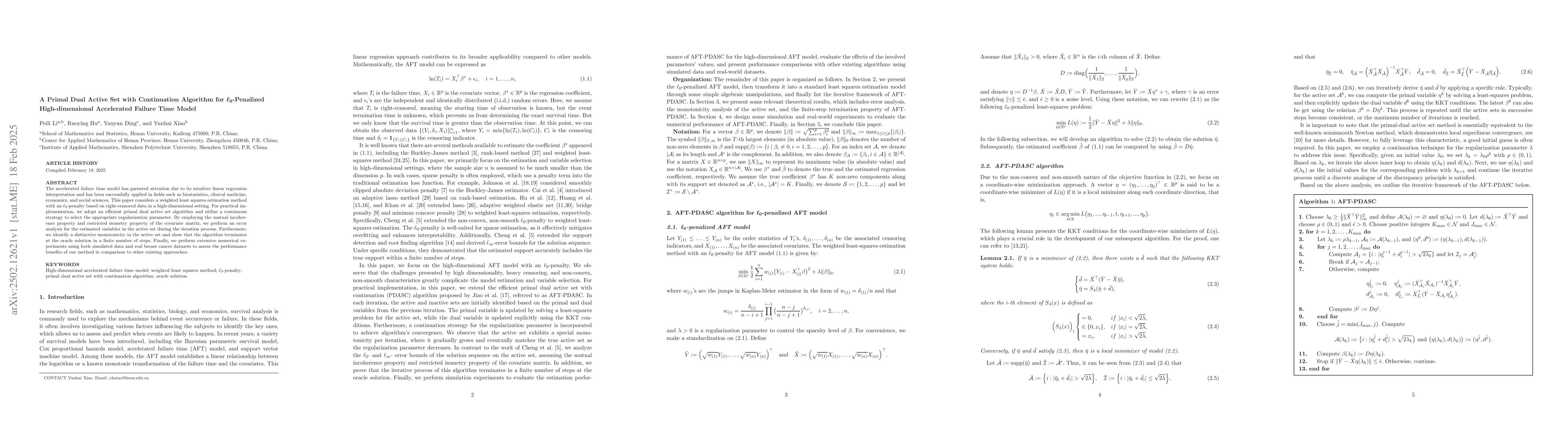 Thumbnail for A Primal Dual Active Set with Continuation Algorithm for
  $\ell_0$-Penalized High-dimensional Accelerated Failure Time Model