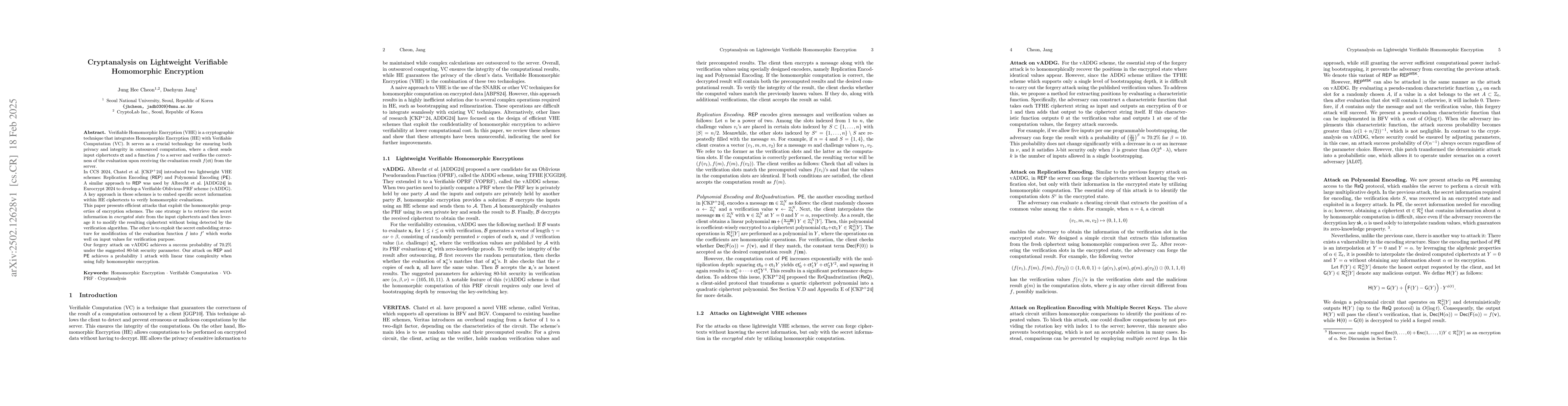 Thumbnail for Cryptanalysis on Lightweight Verifiable Homomorphic Encryption