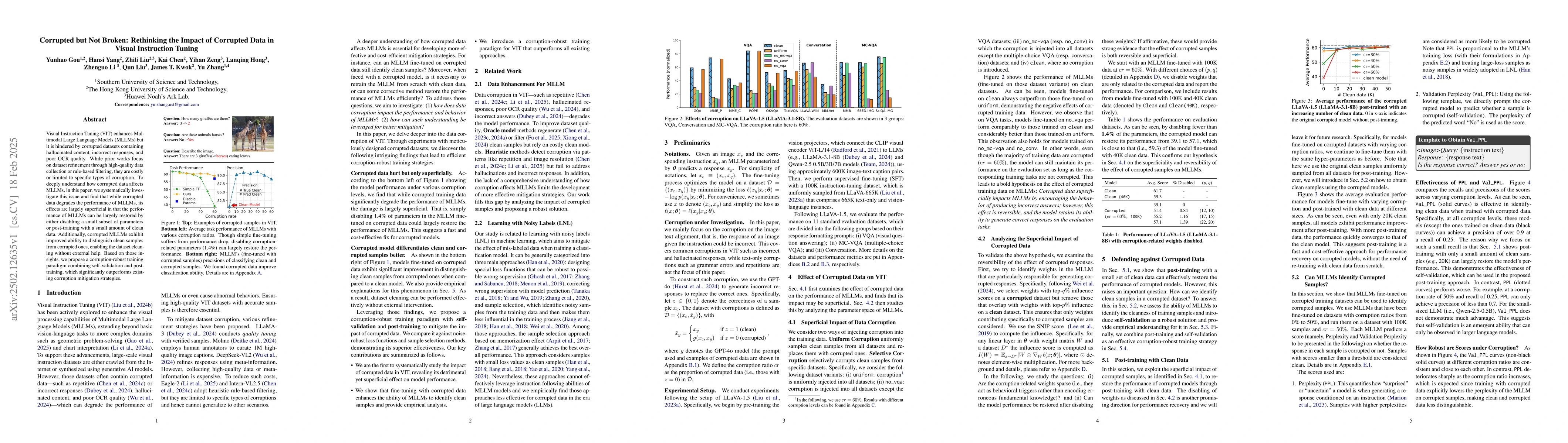 Thumbnail for Corrupted but Not Broken: Rethinking the Impact of Corrupted Data in
  Visual Instruction Tuning