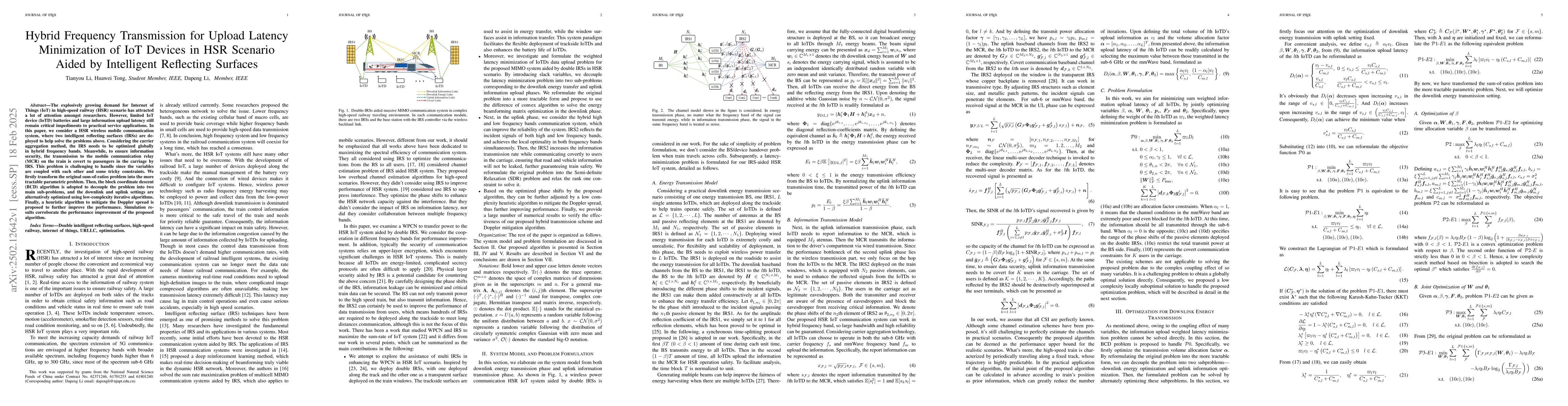 Thumbnail for Hybrid Frequency Transmission for Upload Latency Minimization of IoT
  Devices in HSR Scenario Aided by Intelligent Reflecting Surfaces