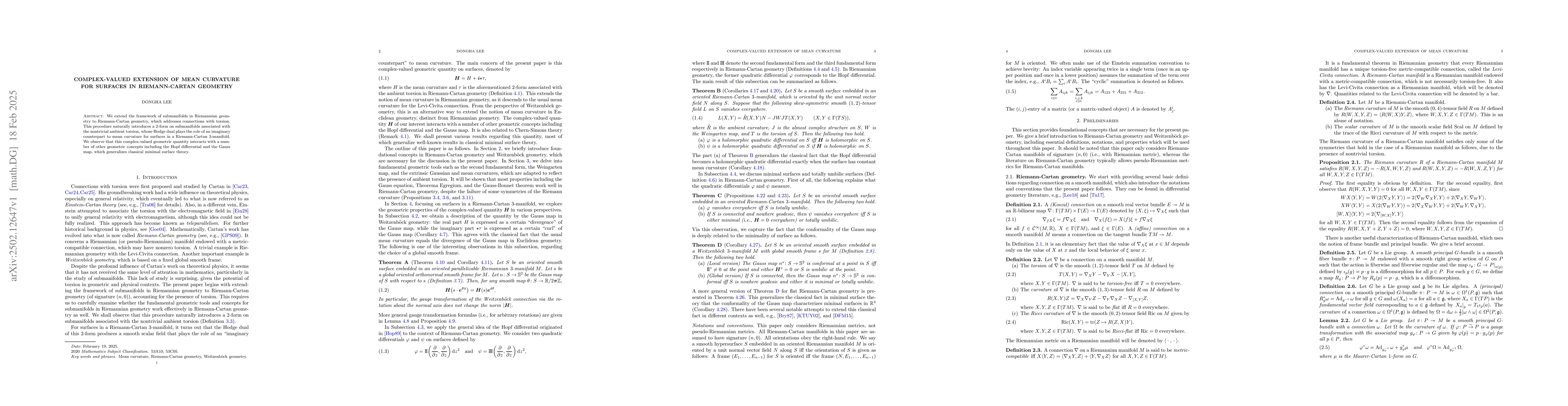 Thumbnail for Complex-valued extension of mean curvature for surfaces in
  Riemann-Cartan geometry