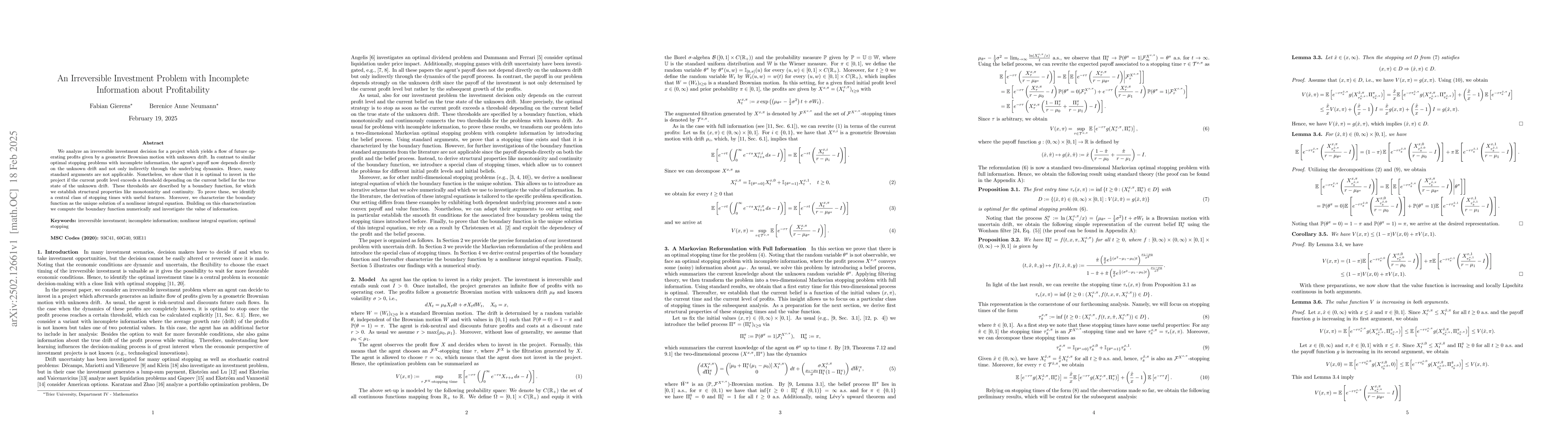 Thumbnail for An Irreversible Investment Problem with Incomplete Information about
  Profitability