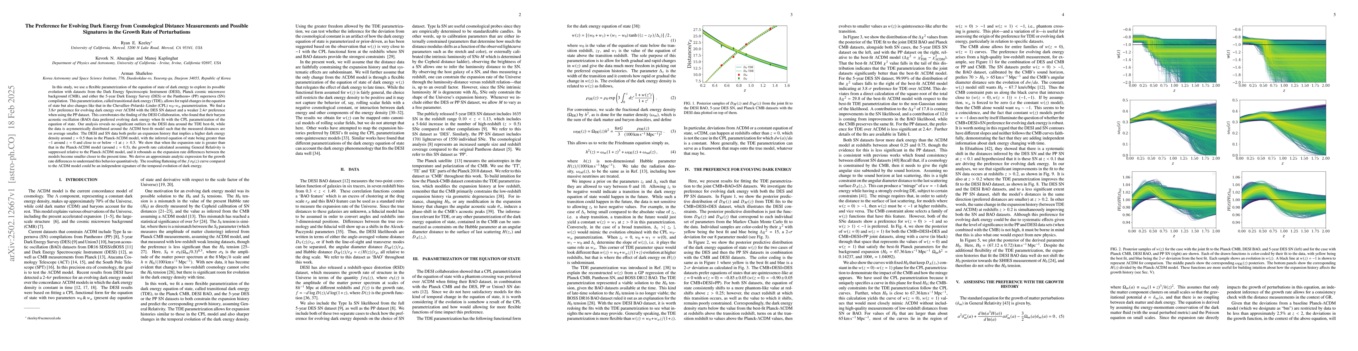 Thumbnail for The Preference for Evolving Dark Energy from Cosmological Distance
  Measurements and Possible Signatures in the Growth Rate of Perturbations