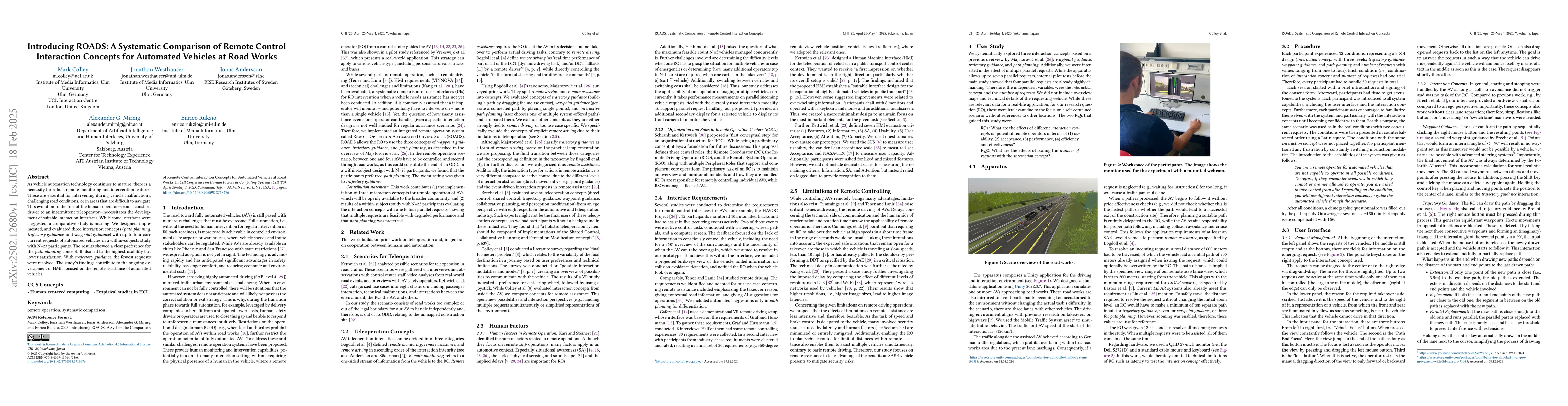 Thumbnail for Introducing ROADS: A Systematic Comparison of Remote Control Interaction
  Concepts for Automated Vehicles at Road Works
