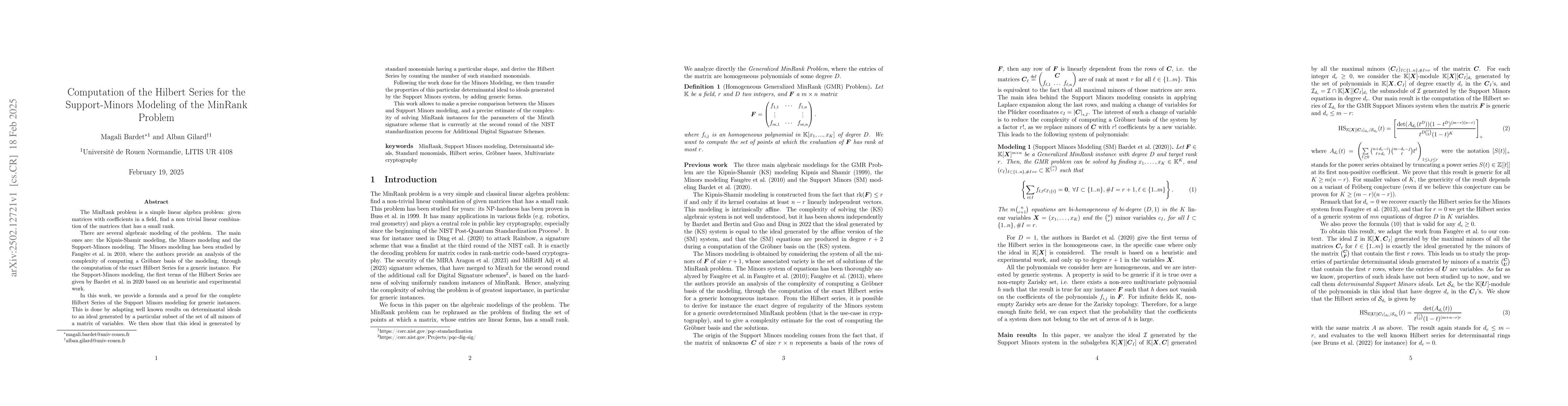 Thumbnail for Computation of the Hilbert Series for the Support-Minors Modeling of the
  MinRank Problem