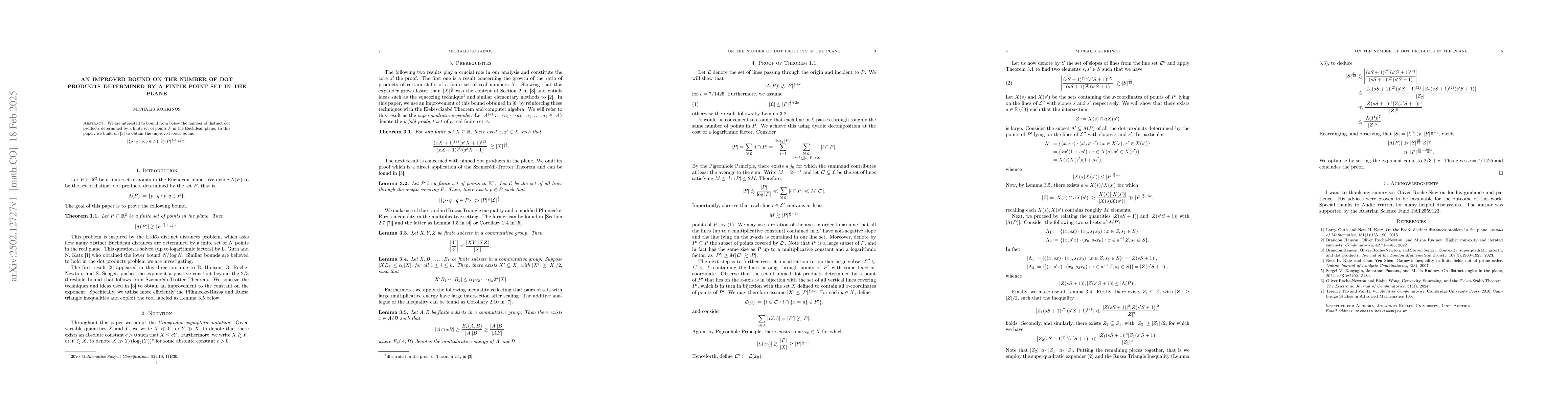 Thumbnail for An improved bound on the number of dot products determined by a finite
  point set in the plane
