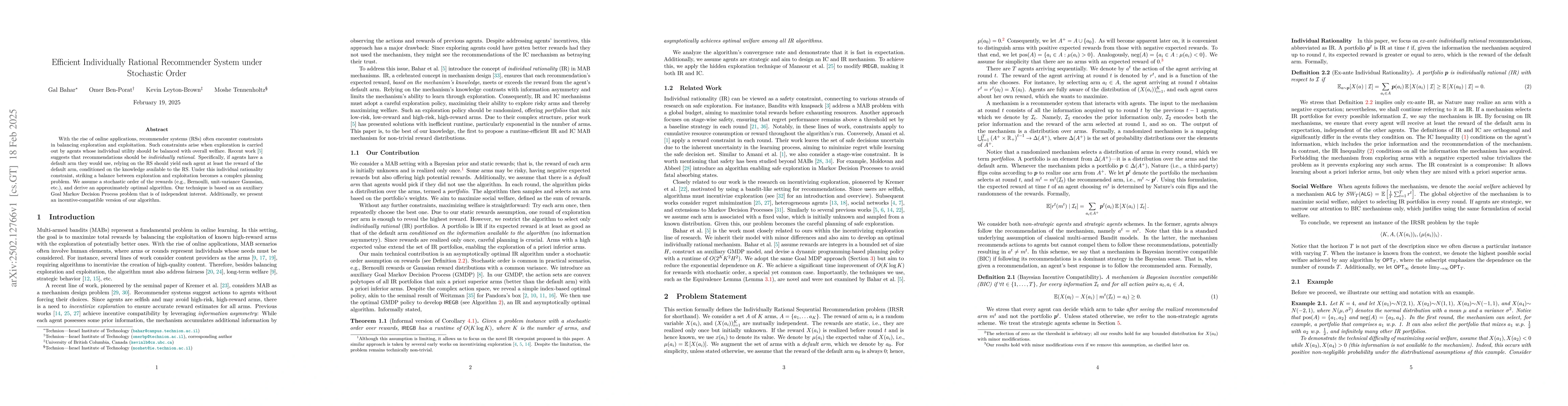 Thumbnail for Efficient Individually Rational Recommender System under Stochastic
  Order