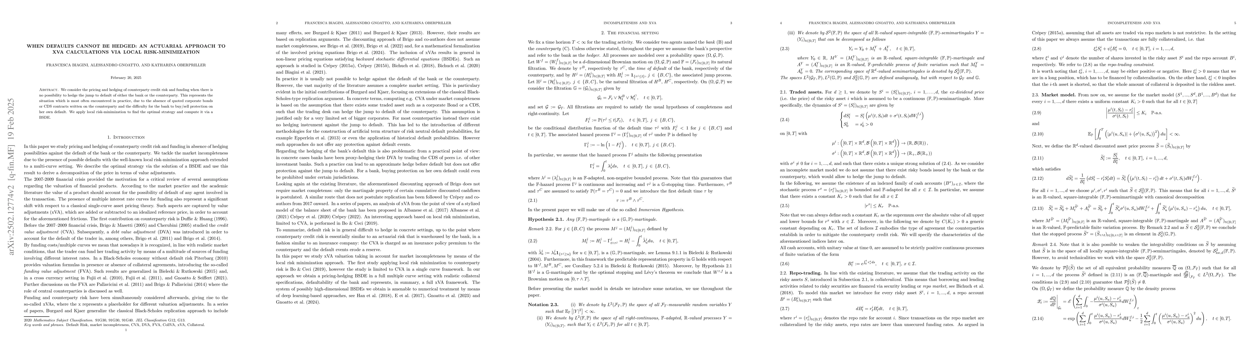 Thumbnail for When defaults cannot be hedged: an actuarial approach to xVA
  calculations via local risk-minimization