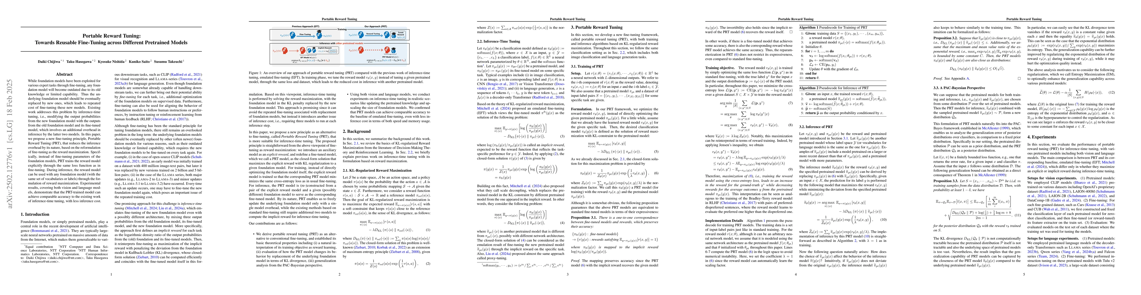 Thumbnail for Portable Reward Tuning: Towards Reusable Fine-Tuning across Different
  Pretrained Models