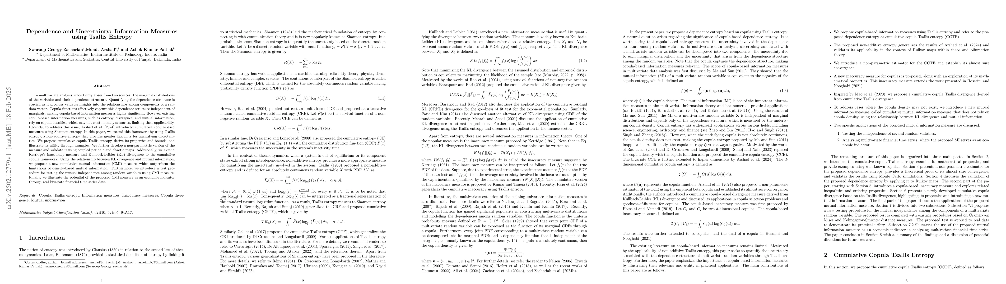 Thumbnail for Dependence and Uncertainty: Information Measures using Tsallis Entropy